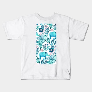 Dusty Pink, White and Teal Elephant and Floral Watercolor Pattern Kids T-Shirt